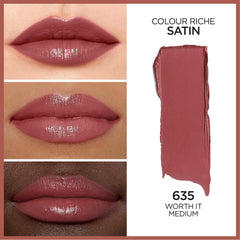 L'Oreal Paris Colour Riche Satin Lipstick shade swatch on skin for true color.