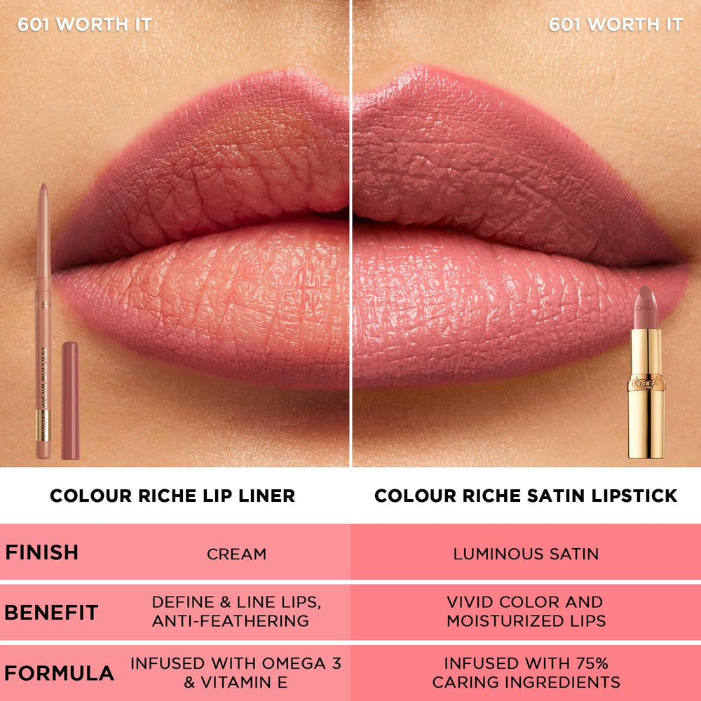 L'Oreal Paris Colour Riche Satin Lipstick worn look with satin finish.