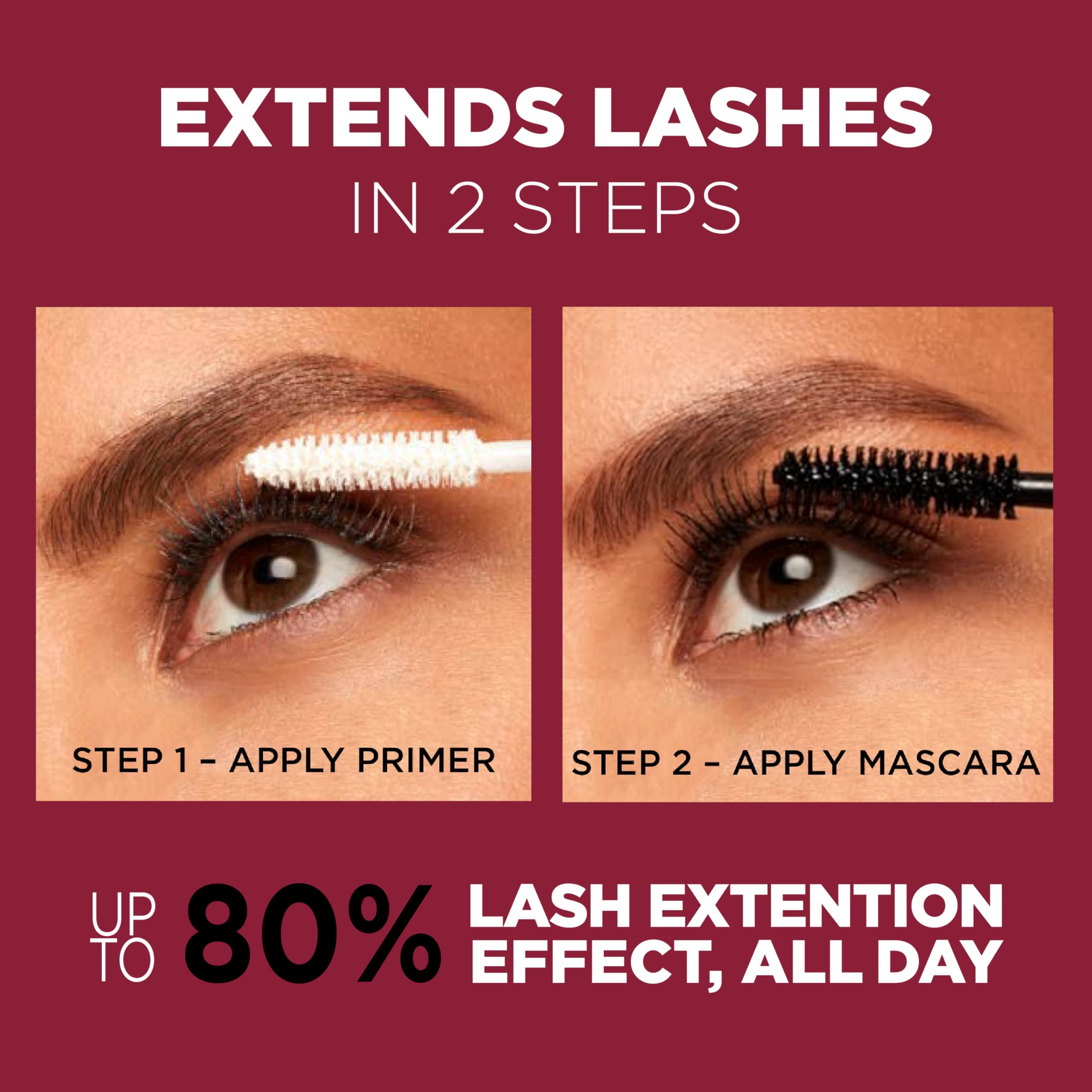 L’Oréal Paris Double Extend lash length close-up shows tubing extension effect