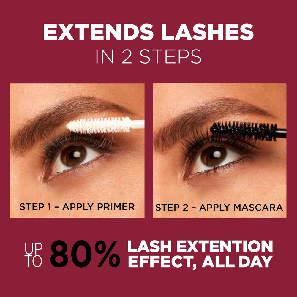 L’Oréal Paris Double Extend lash length close-up shows tubing extension effect
