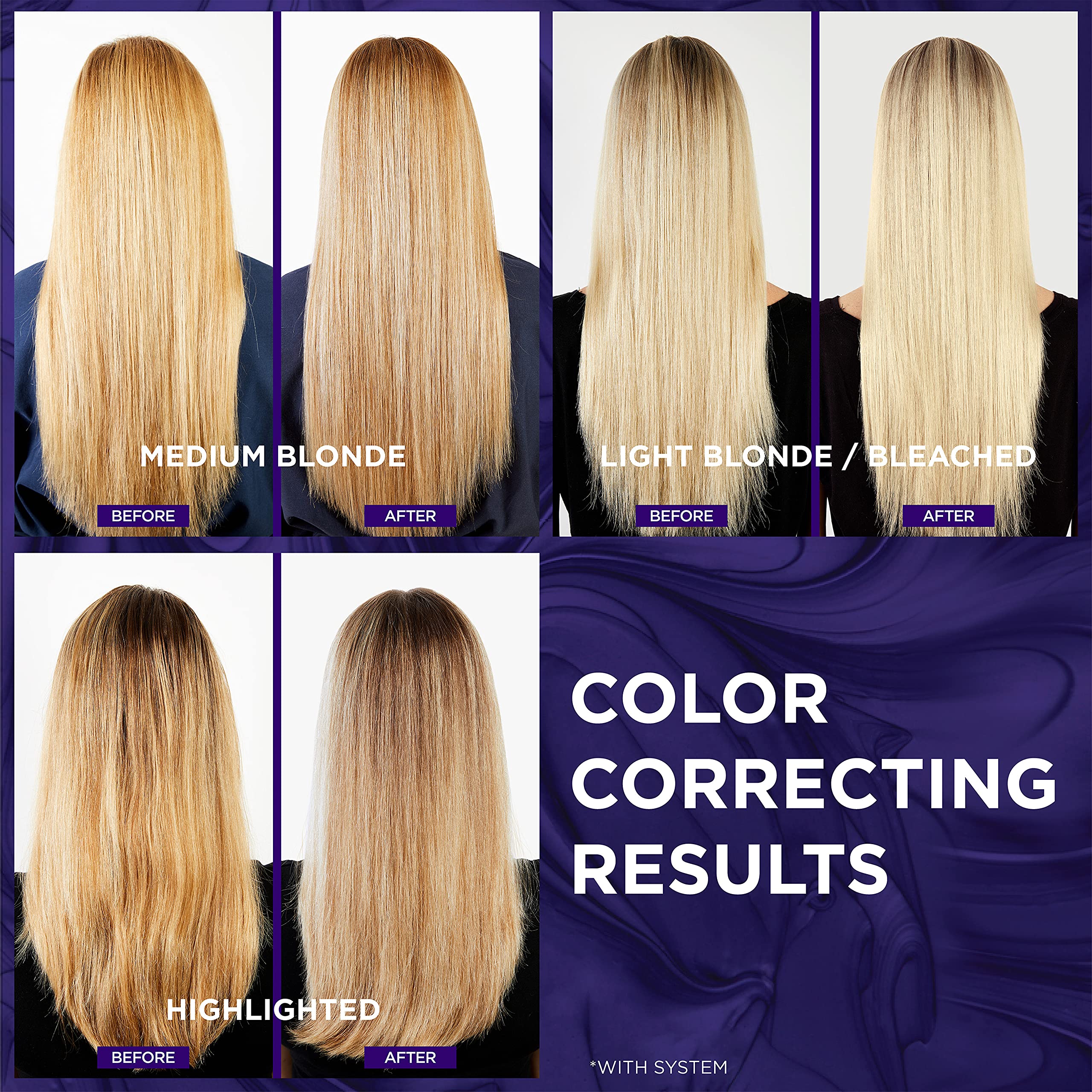 L'Oreal Paris Elvive Color Vibrancy Purple Shampoo before-after image highlights brass reduction.