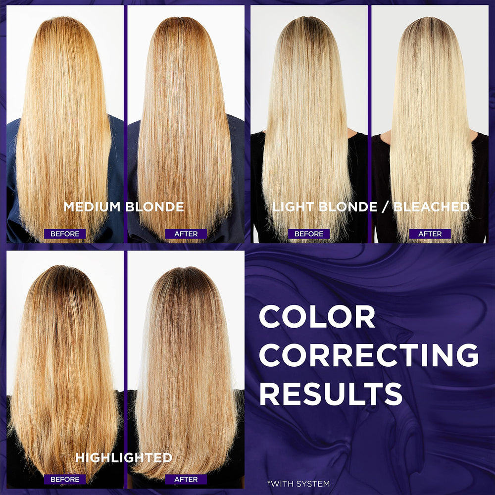 L'Oreal Paris Elvive Color Vibrancy Purple Shampoo before-after image highlights brass reduction.