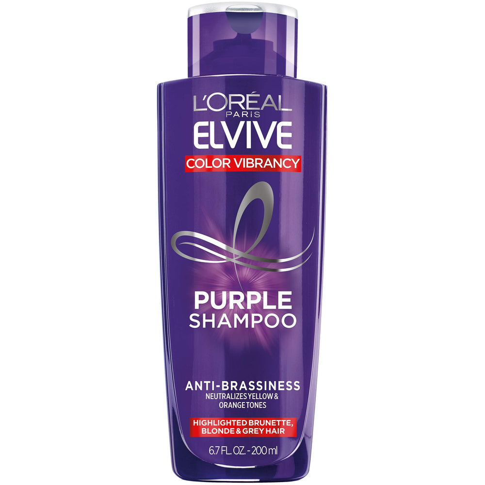 L'Oreal Paris Elvive Color Vibrancy Purple Shampoo bottle neutralizes brassiness for cooler tones.