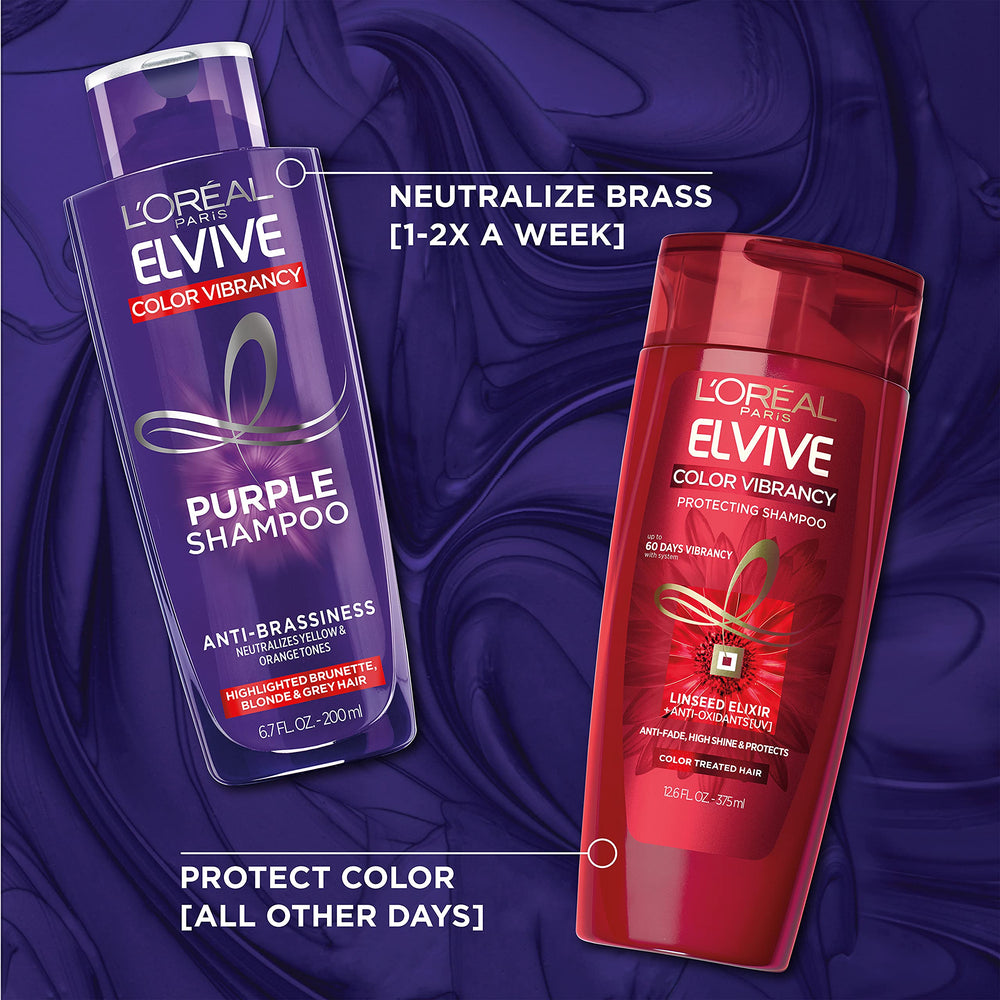 L'Oreal Paris Elvive Color Vibrancy Purple Shampoo in shower illustrates easy color-protecting routine.