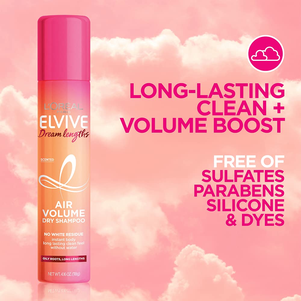 L’Oréal Paris Elvive Dream Lengths Air Volume Dry Shampoo close-up highlights powder-free, fragrance-filled formula