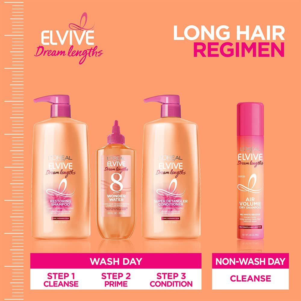 L’Oréal Paris Elvive Dream Lengths Air Volume Dry Shampoo in morning routine context instantly adds lift to long hair