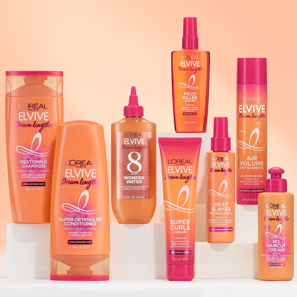 L’Oréal Paris Elvive Dream Lengths Air Volume Dry Shampoo on a shelf showcases sleek long-hair care