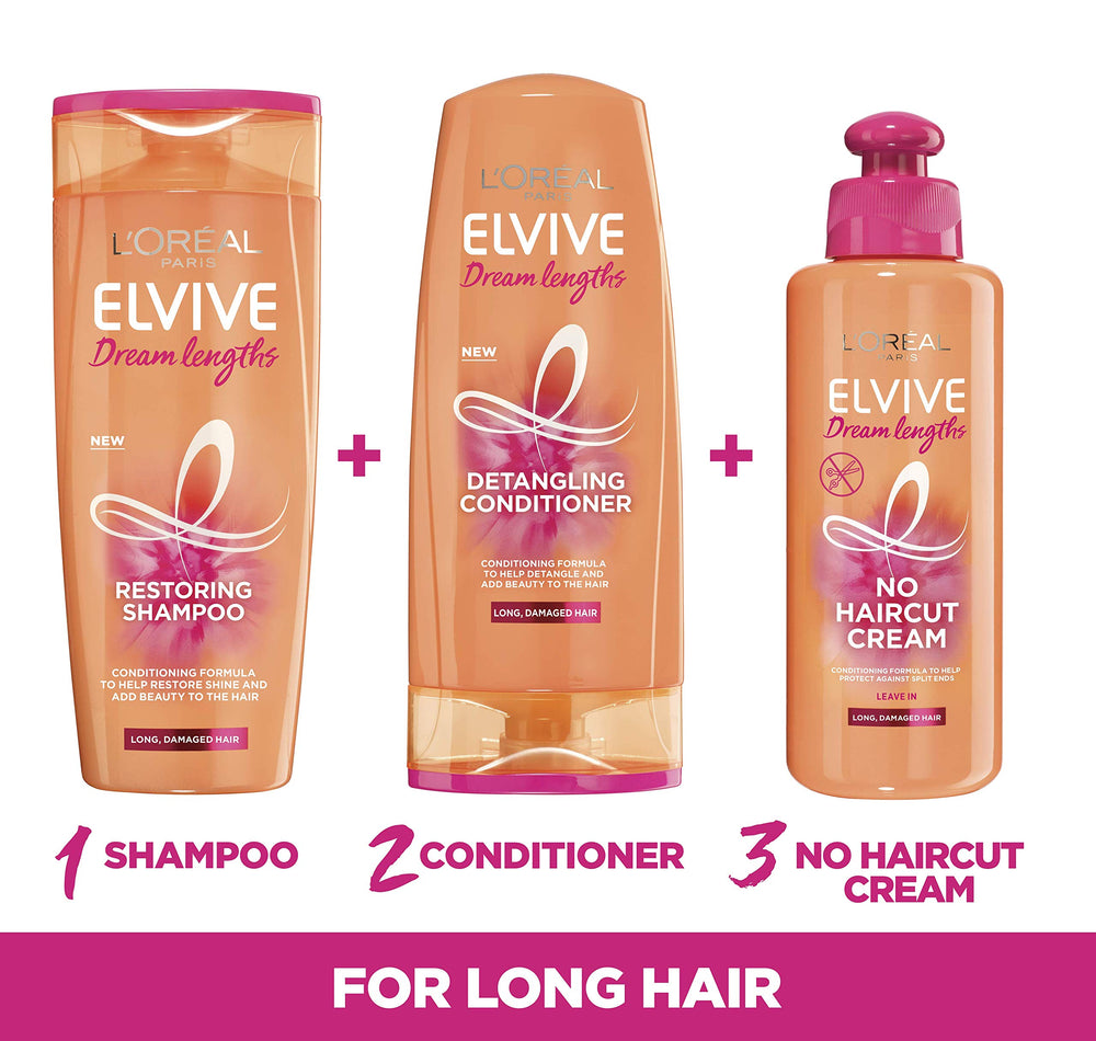 L'Oreal Paris Elvive Dream Lengths hair mask cream texture highlights rich nourishment for damaged-length hair.
