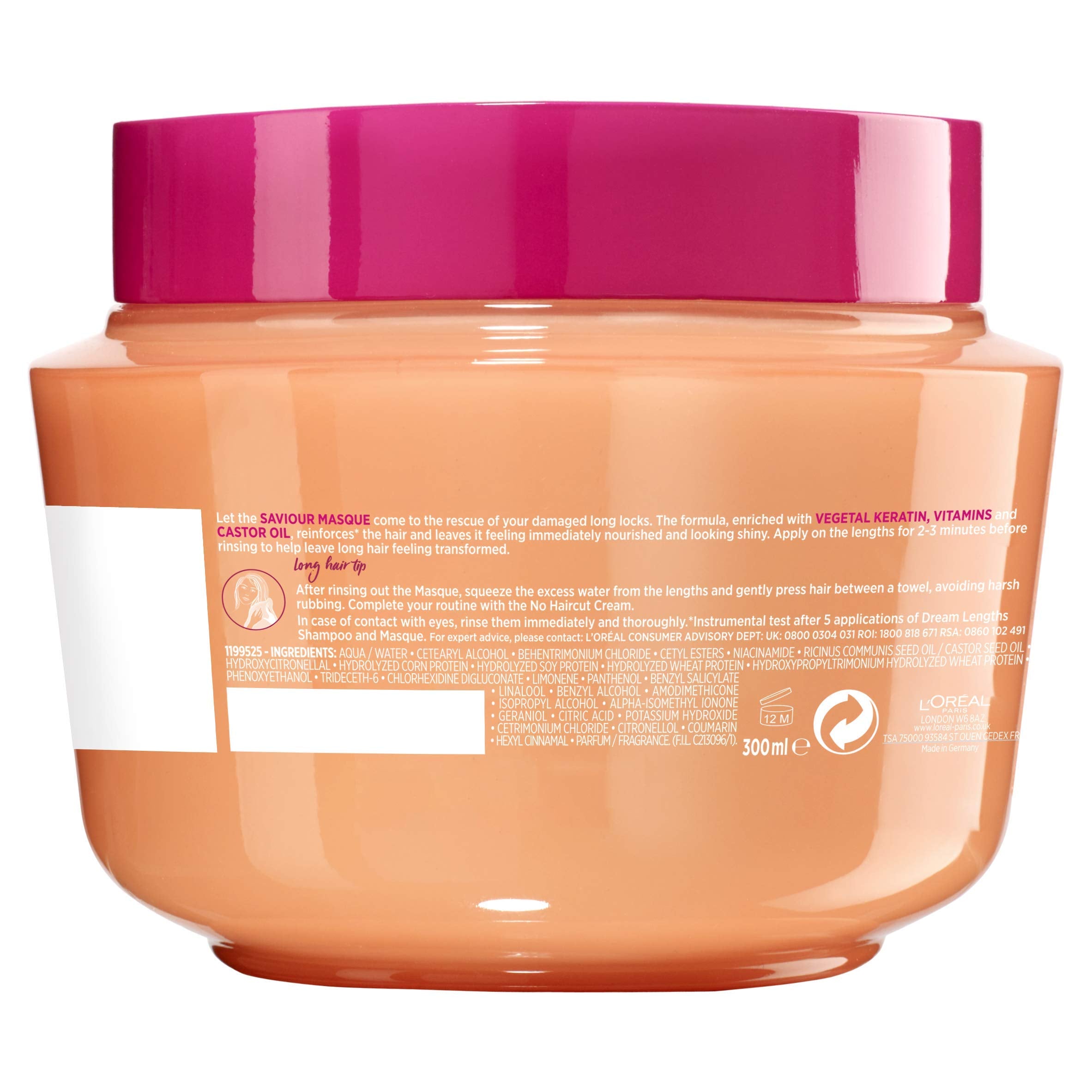 L'Oreal Paris Elvive Dream Lengths hair mask damaged hair before-after close-up shows rescue of lengths.