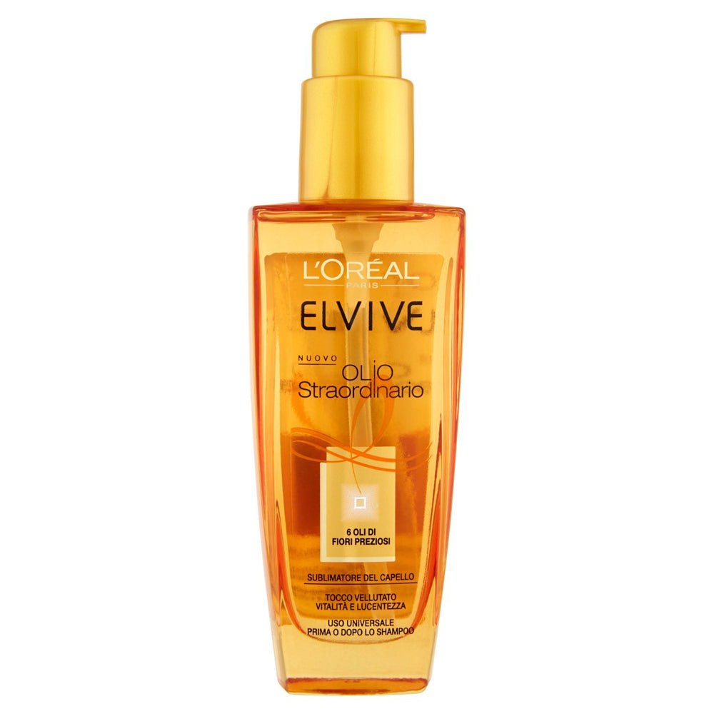 L'Oreal Paris Elvive Extraordinary Oil bottle pour delivers lightweight nourishment for hair.
