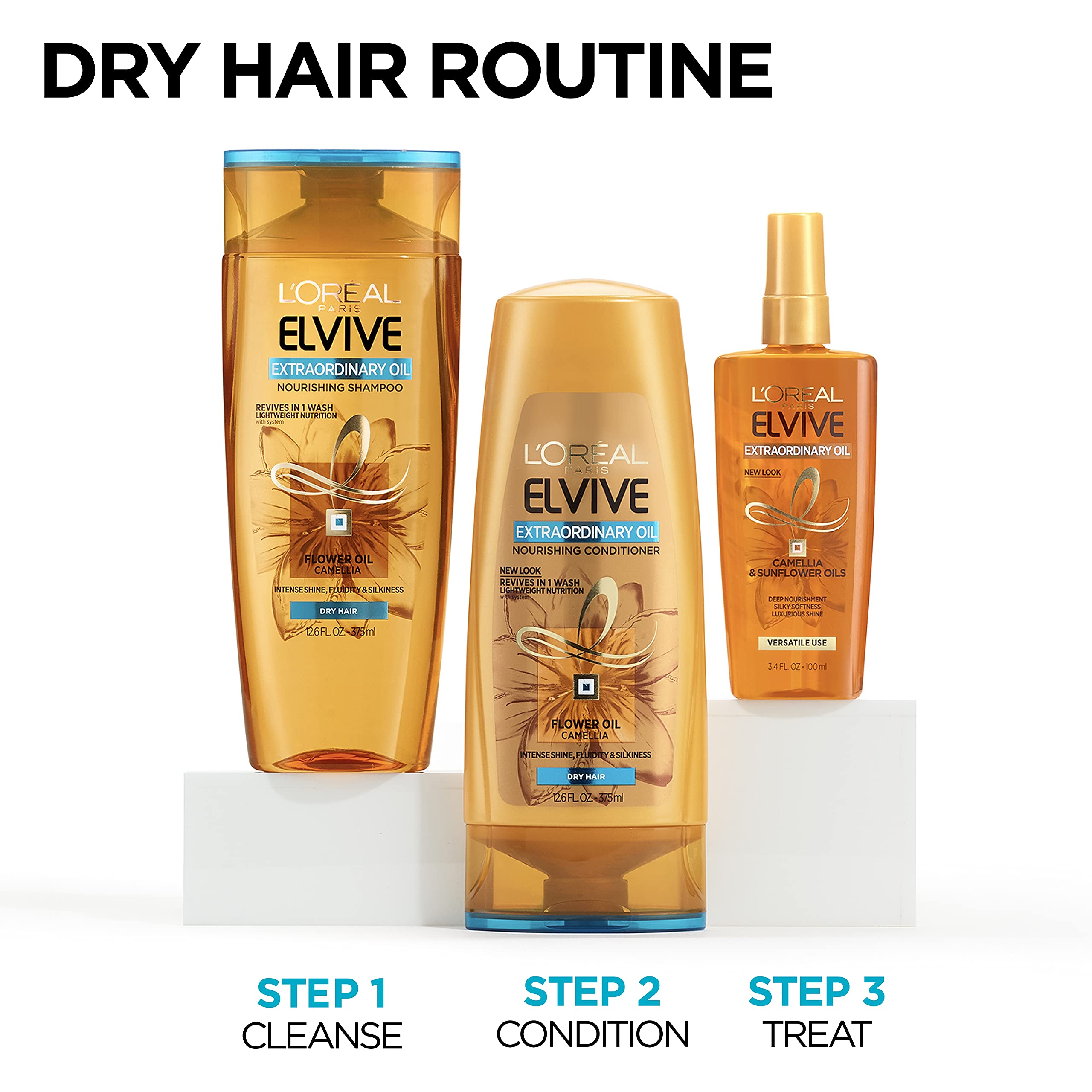 L'Oreal Paris Elvive Extraordinary Oil Conditioner on glossy hair hints silky shine and manageability.
