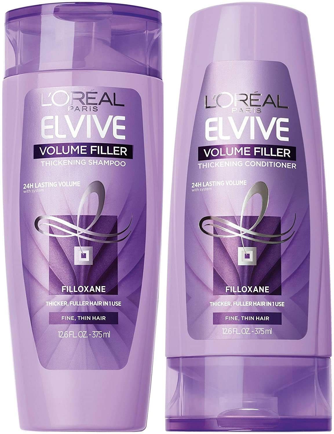 L'Oreal Paris Elvive Volume Filler shampoo and conditioner bottle pour for fuller-looking hair.