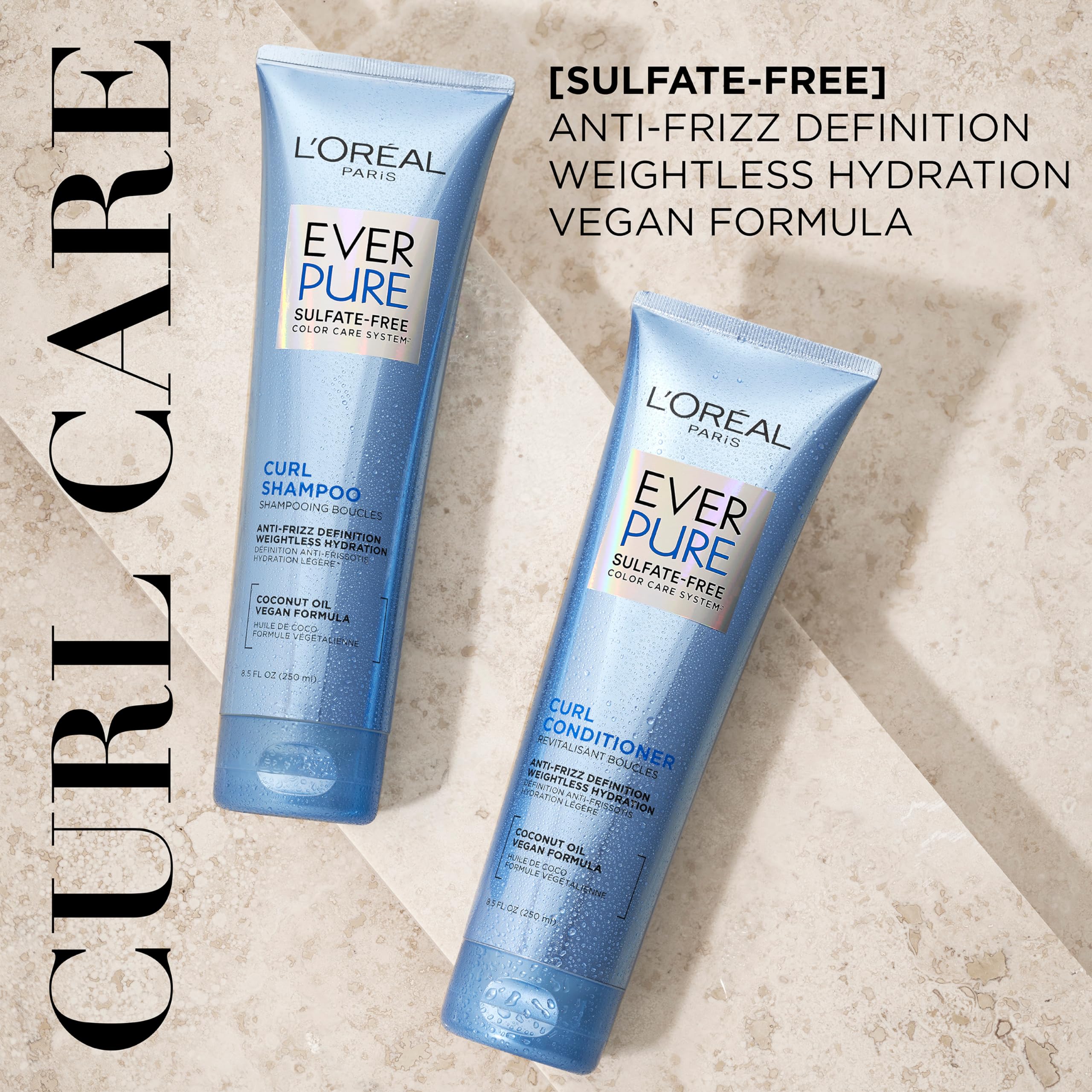 L’Oréal Paris EverPure conditioner bottle demonstrates curl-definition and easy detangling