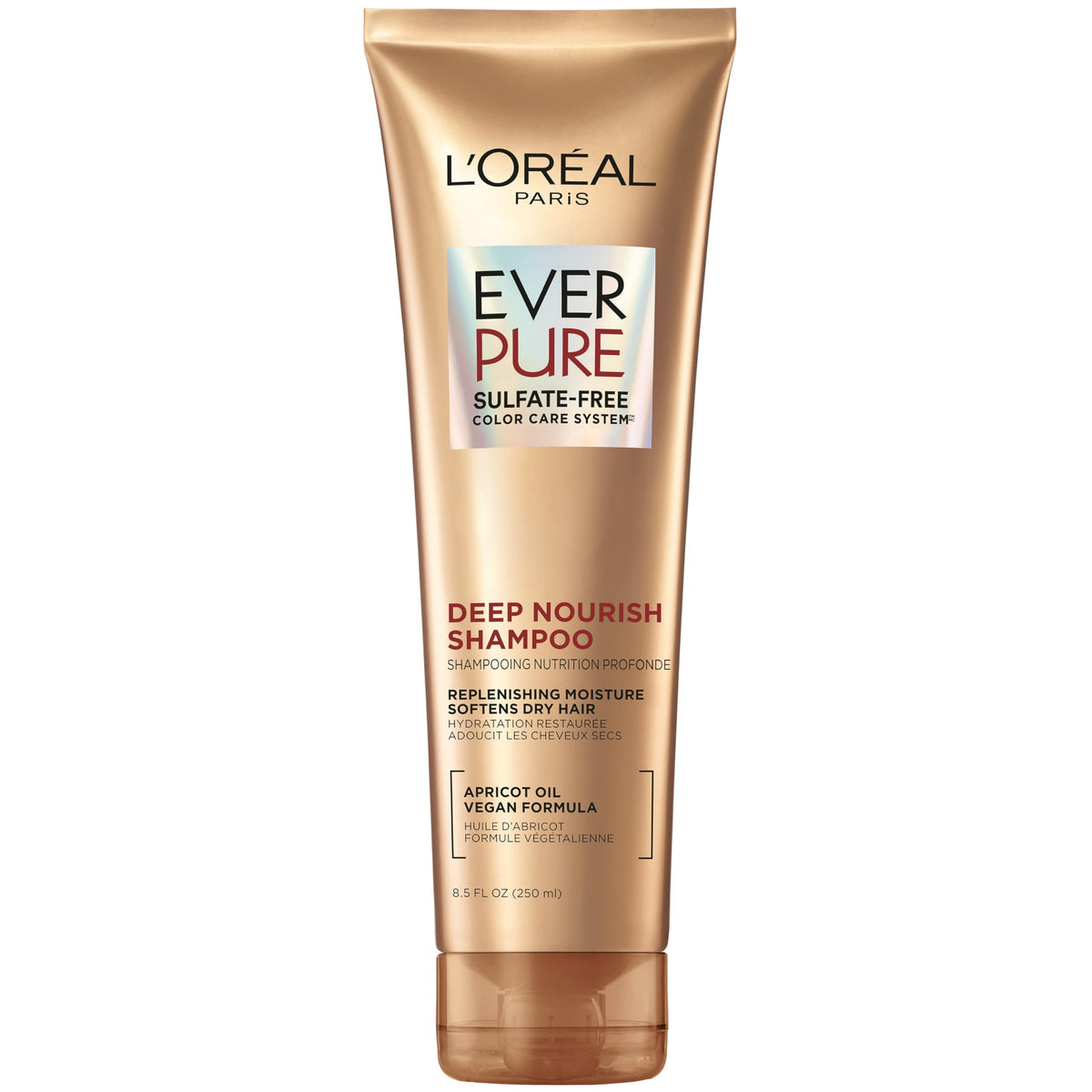 L'Oreal Paris EverPure shampoo bottle shows sulfate-free hydration for dry, color-treated hair.