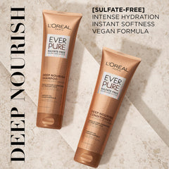 L'Oreal Paris EverPure Deep Nourish shampoo pump and lather highlight lightweight moisture and shine.