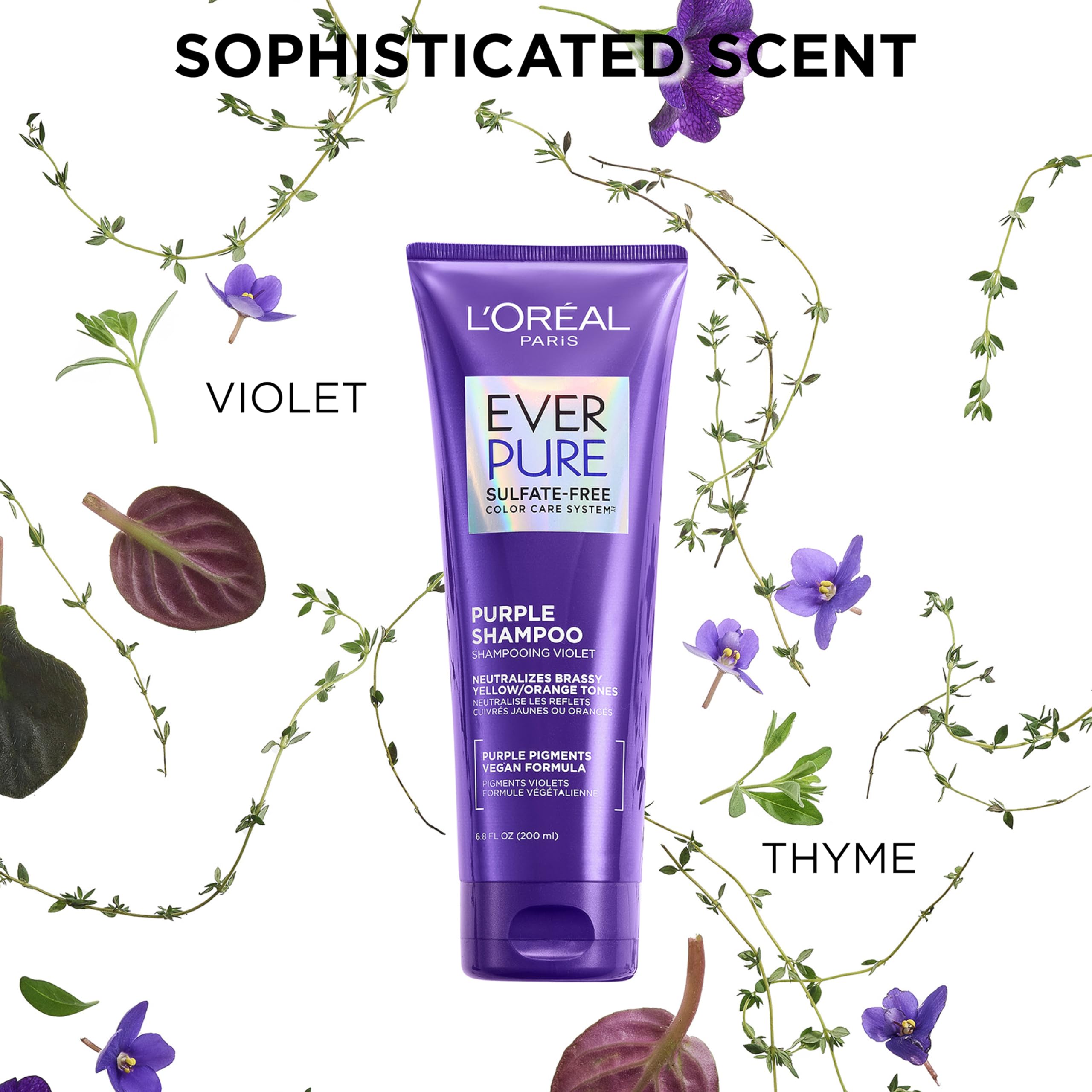 L'Oreal Paris EverPure purple-dye closeup indicates toning action for brass neutralization.