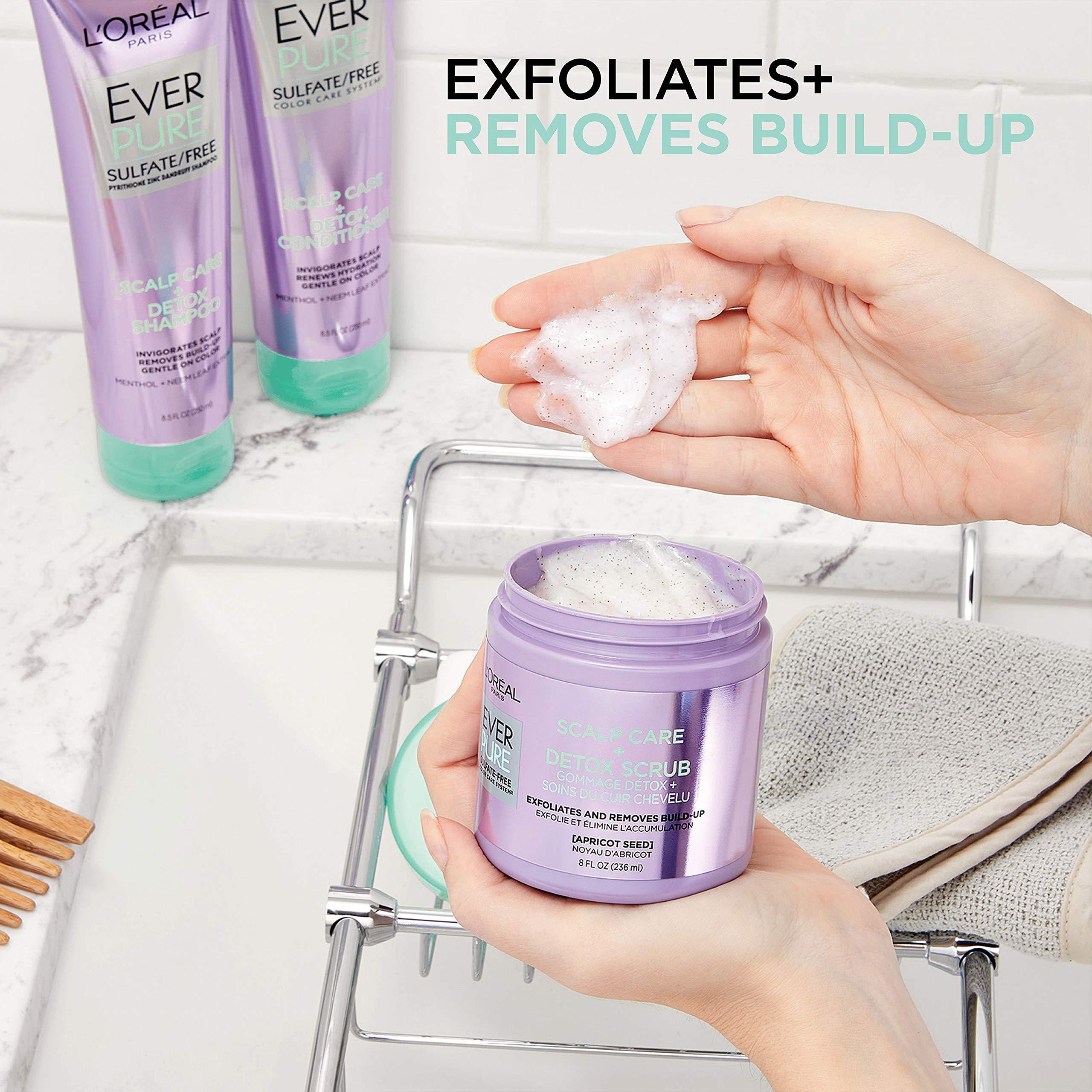 L'Oreal Paris EverPure scalp massage application demonstrates exfoliation step