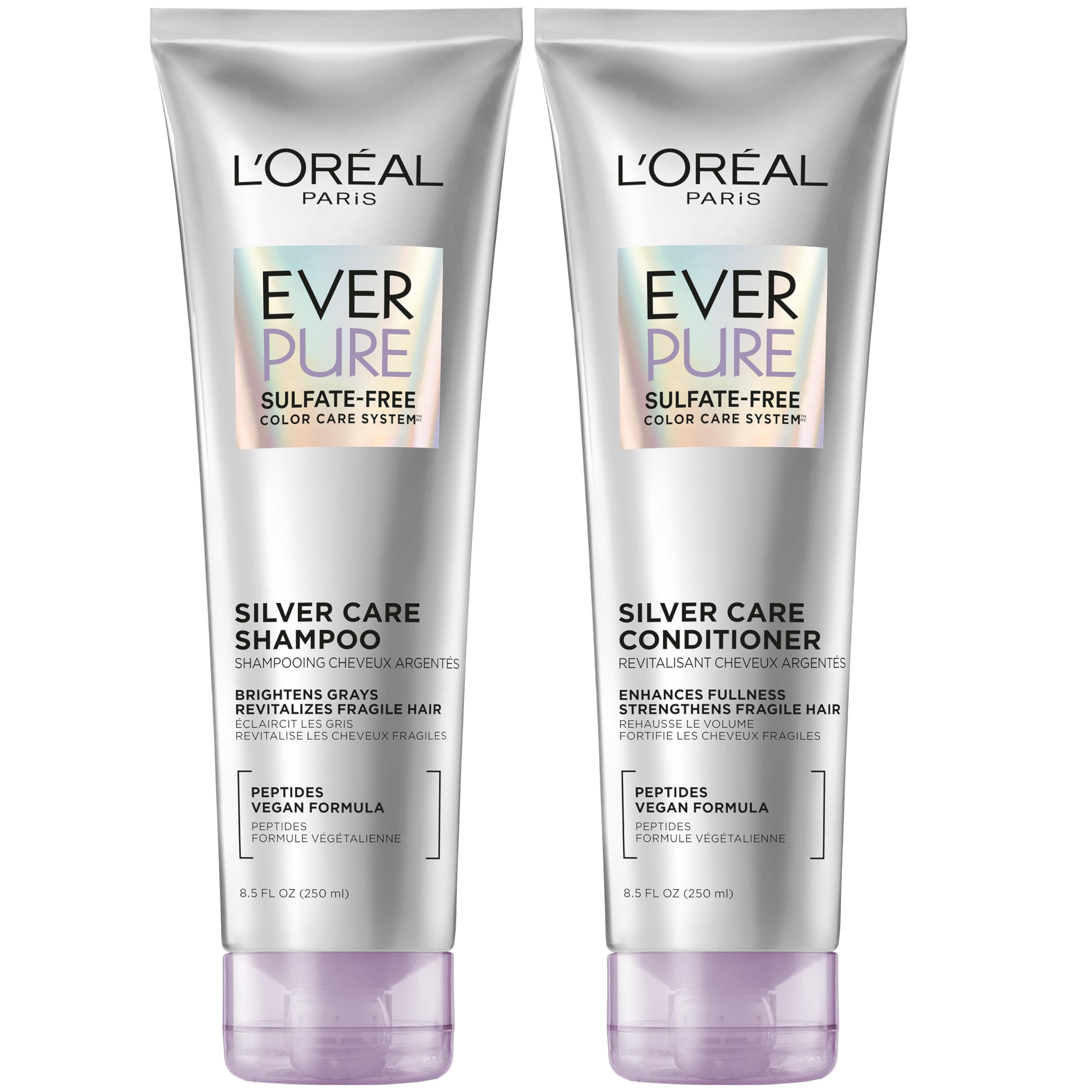 L'Oreal Paris EverPure Silver Care Shampoo bottle-pour demonstrates sulfate-free cleansing for brighter gray hair