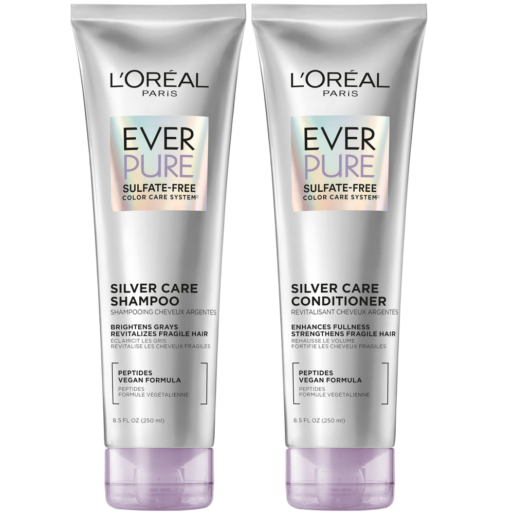 L'Oreal Paris EverPure Silver Care Shampoo bottle-pour demonstrates sulfate-free cleansing for brighter gray hair
