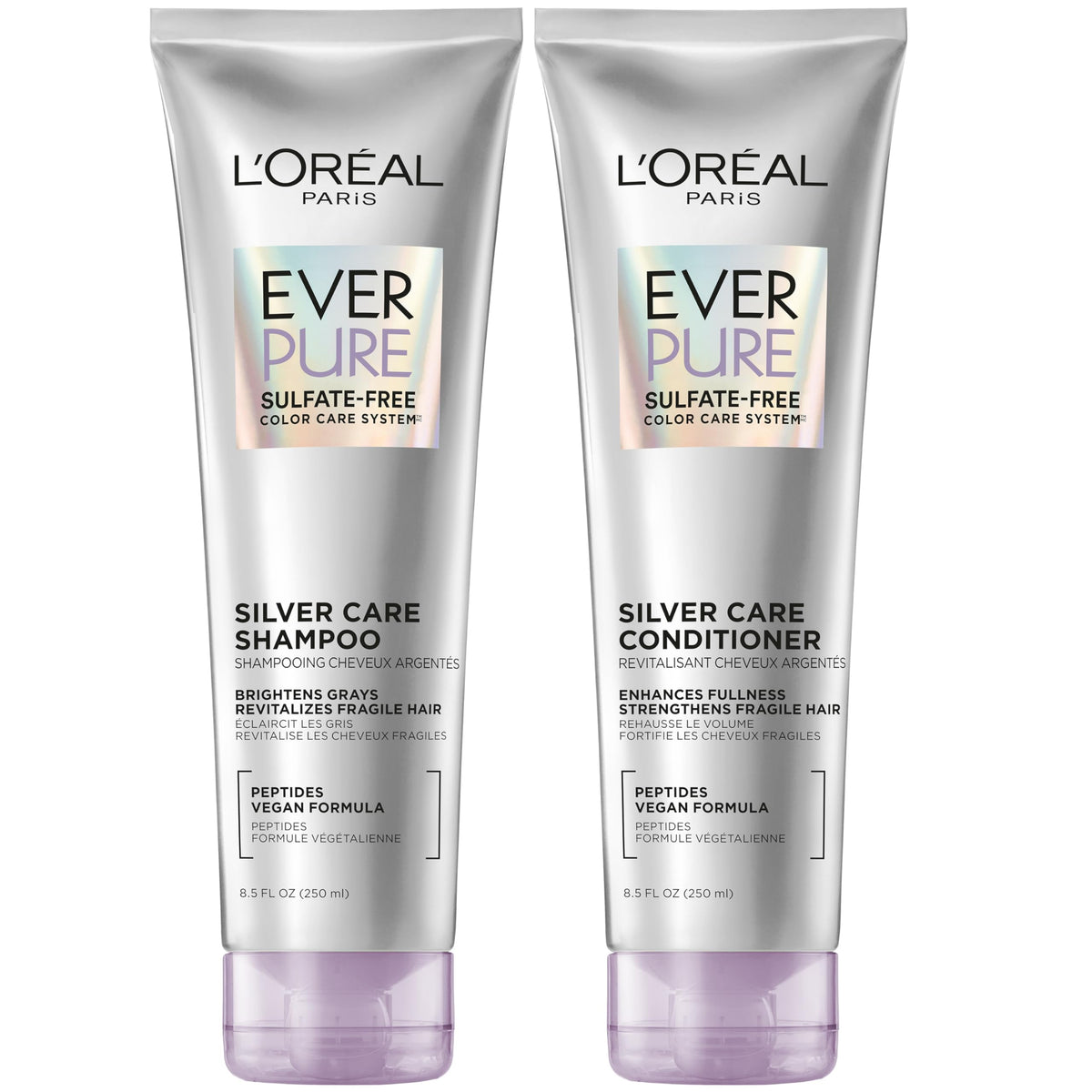 L'Oreal Paris EverPure Silver Care Shampoo bottle-pour demonstrates sulfate-free cleansing for brighter gray hair