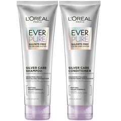 L'Oreal Paris EverPure Silver Care Shampoo bottle-pour demonstrates sulfate-free cleansing for brighter gray hair