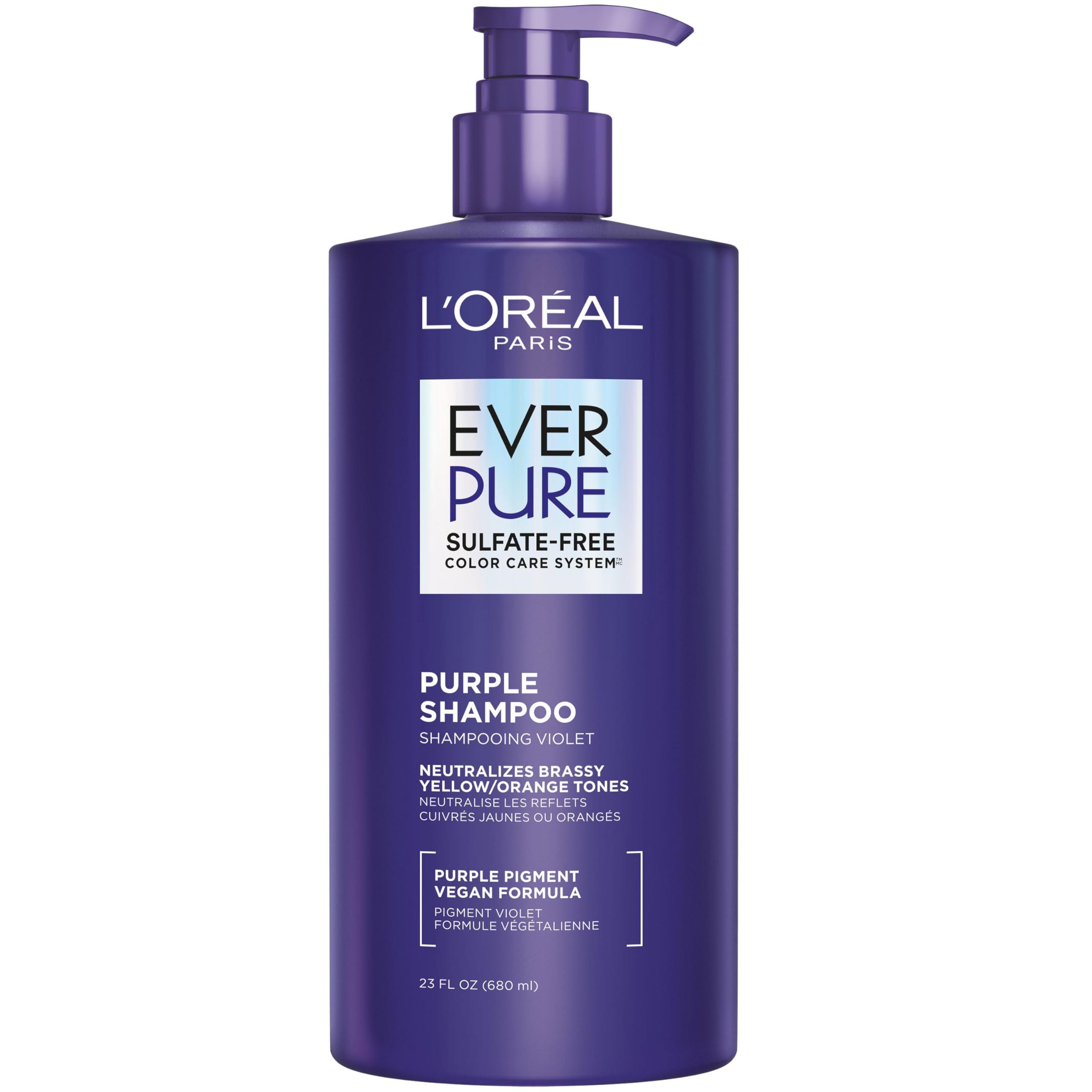 L'Oreal Paris EverPure purple shampoo bottle neutralizes brassy tones and hydrates hair.