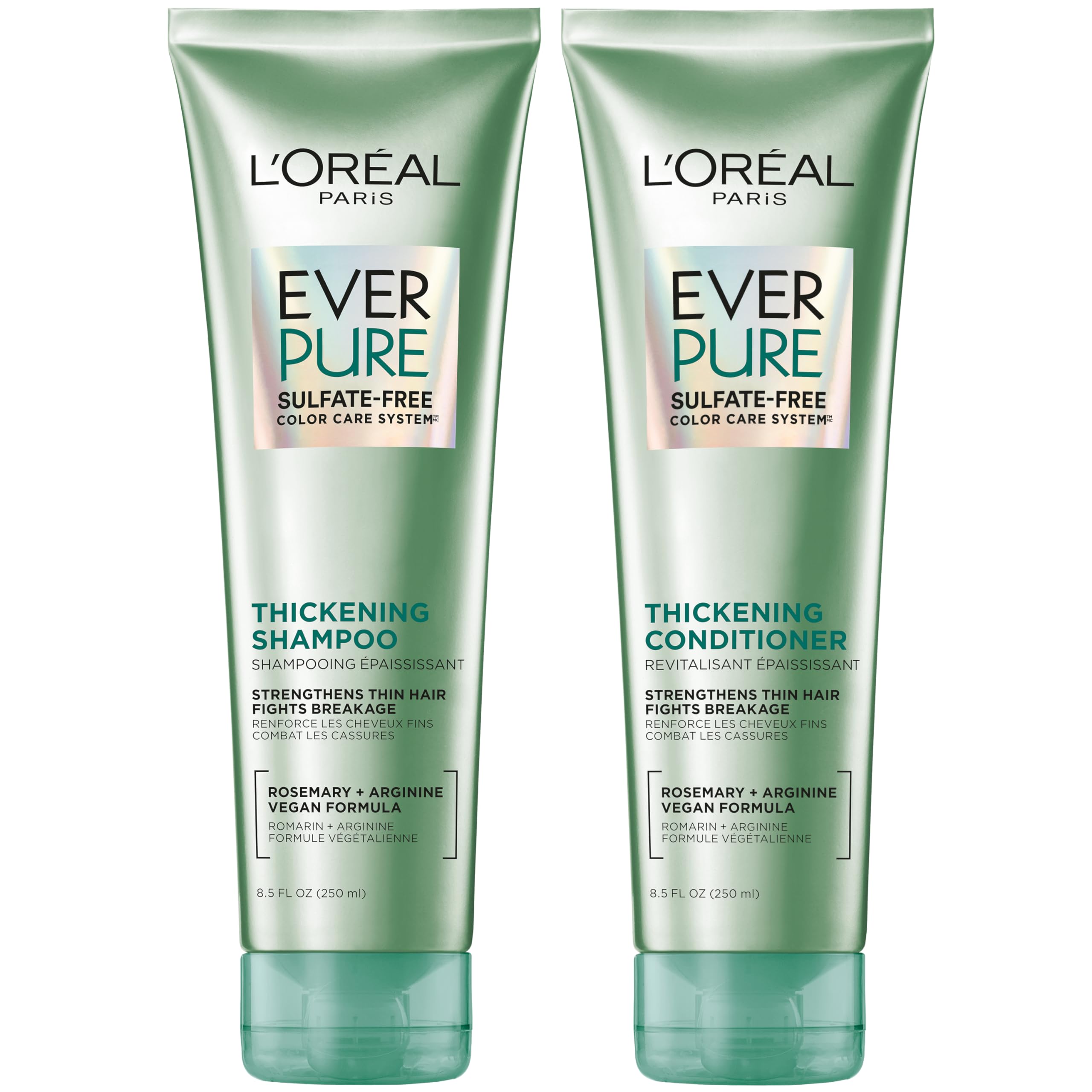 L'Oreal Paris EverPure thickening shampoo bottle shows color-safe fuller hair benefits