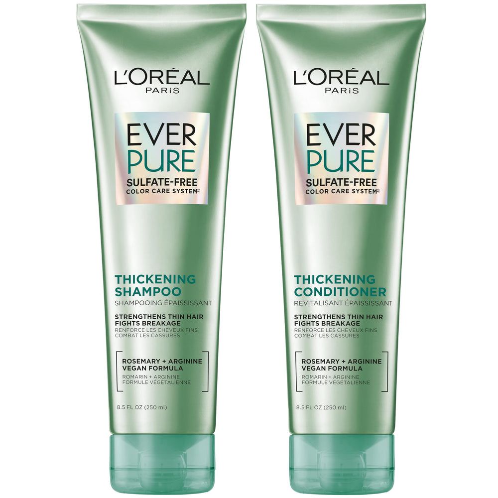 L'Oreal Paris EverPure thickening shampoo bottle shows color-safe fuller hair benefits