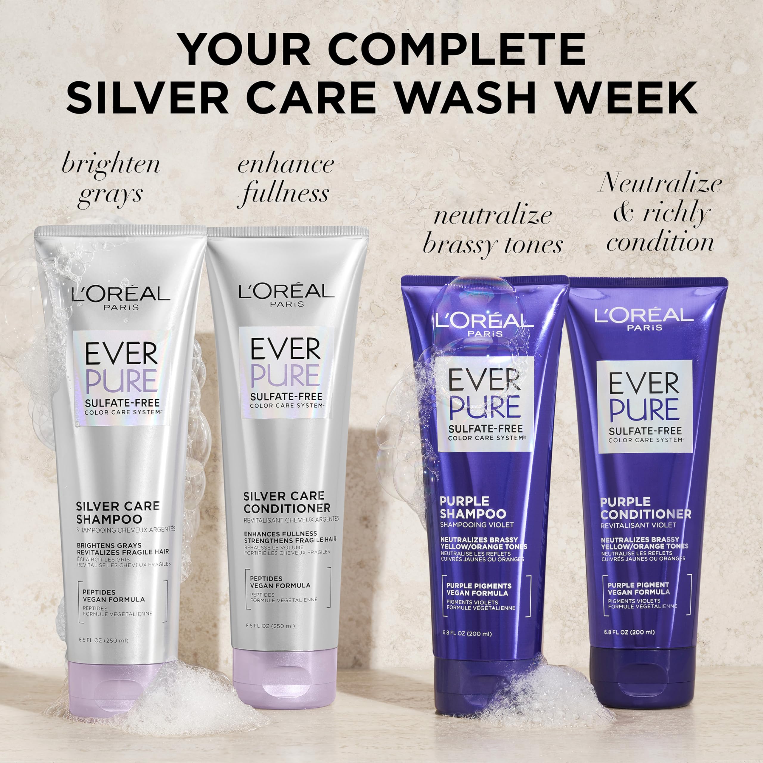 L'Oreal Paris EverPure vegan-formula-icon communicates vegan, color-caring shampoo and conditioner