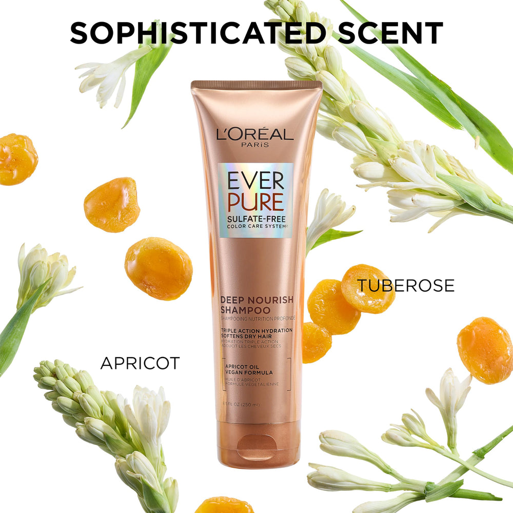L'Oreal Paris EverPure vegan formula label emphasizes sulfate-free, paraben-free benefits.