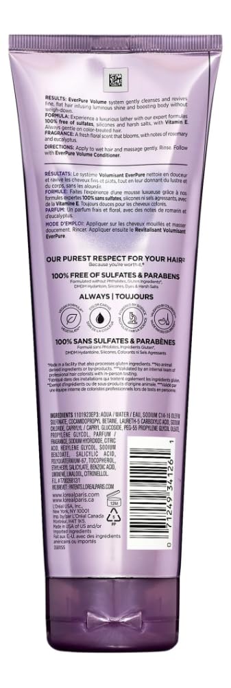 L'Oreal Paris EverPure Volume Shampoo pump close-up showing sulfate-free formula for color-treated hair.
