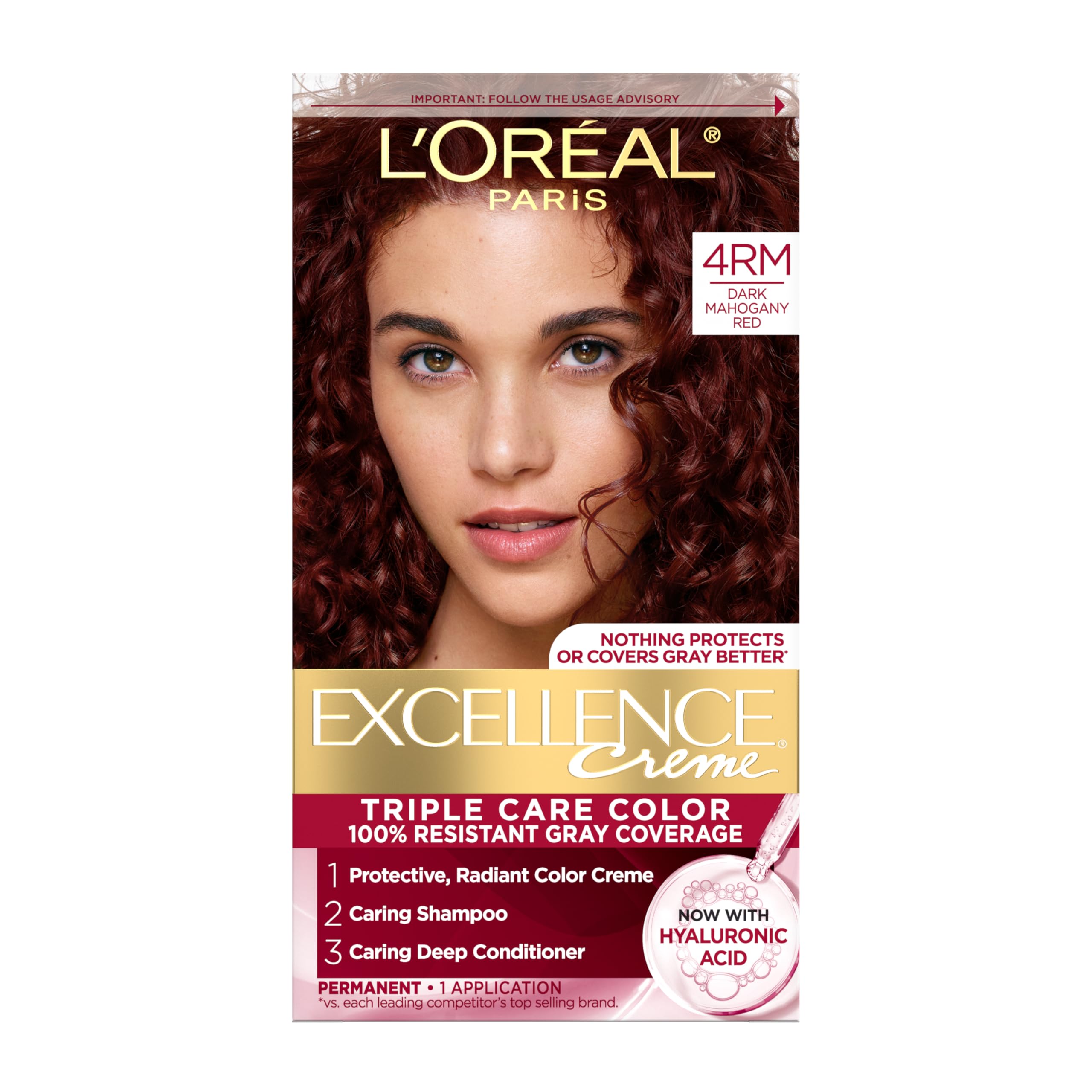 L'Oreal Paris Excellence Crème 4RM box shows rich dark mahogany red color for gray coverage.