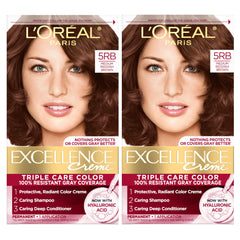 L'Oreal Paris Excellence Creme 5RB application shows even gray coverage with rich reddish-brown color.