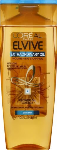 L'Oreal Paris Extraordinary Oil Shampoo bottle side highlights lightweight nourishment.