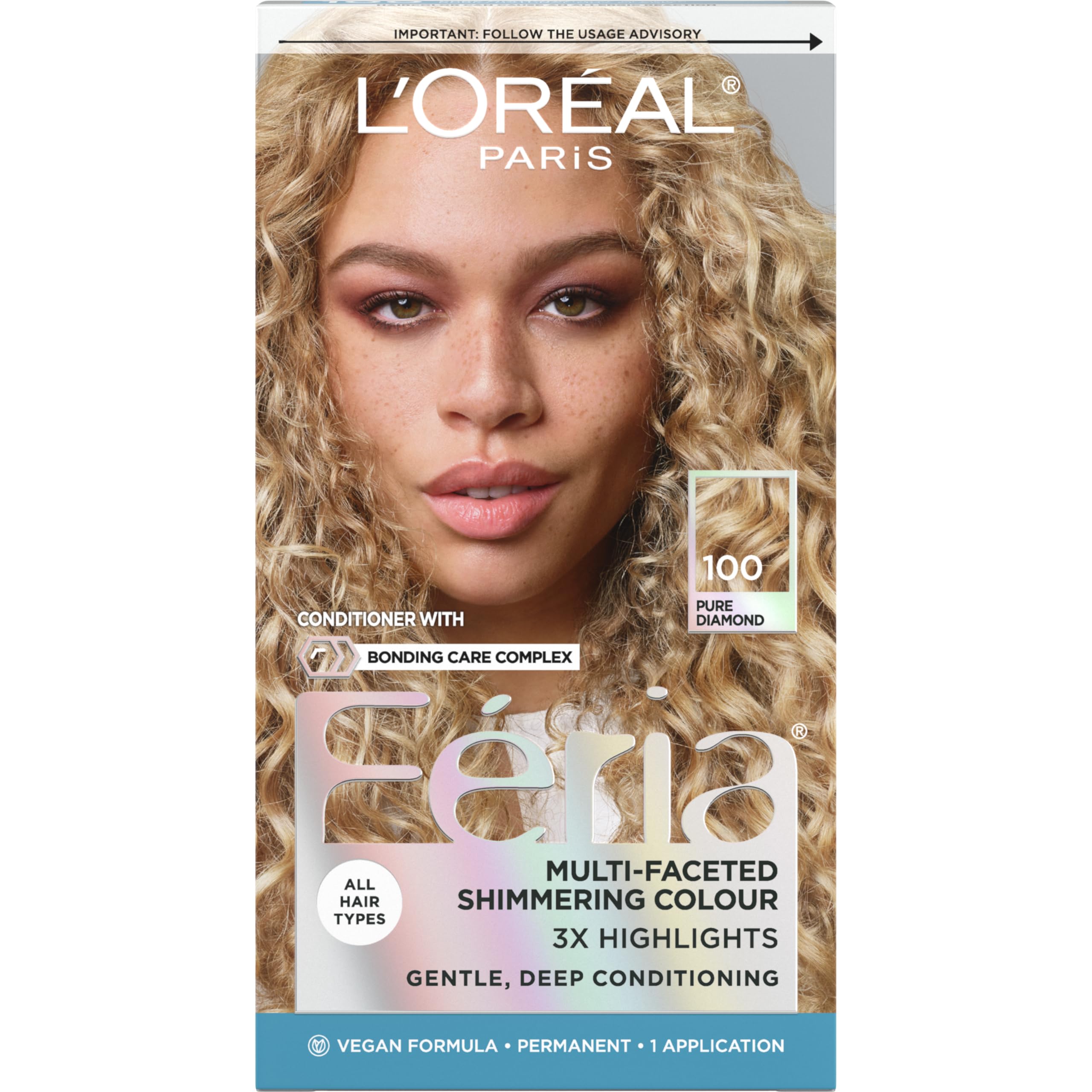 L'Oreal Paris Feria 100 Pure Diamond shade swatch showing platinum blonde glow for at-home color