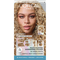 L'Oreal Paris Feria 100 Pure Diamond shade swatch showing platinum blonde glow for at-home color
