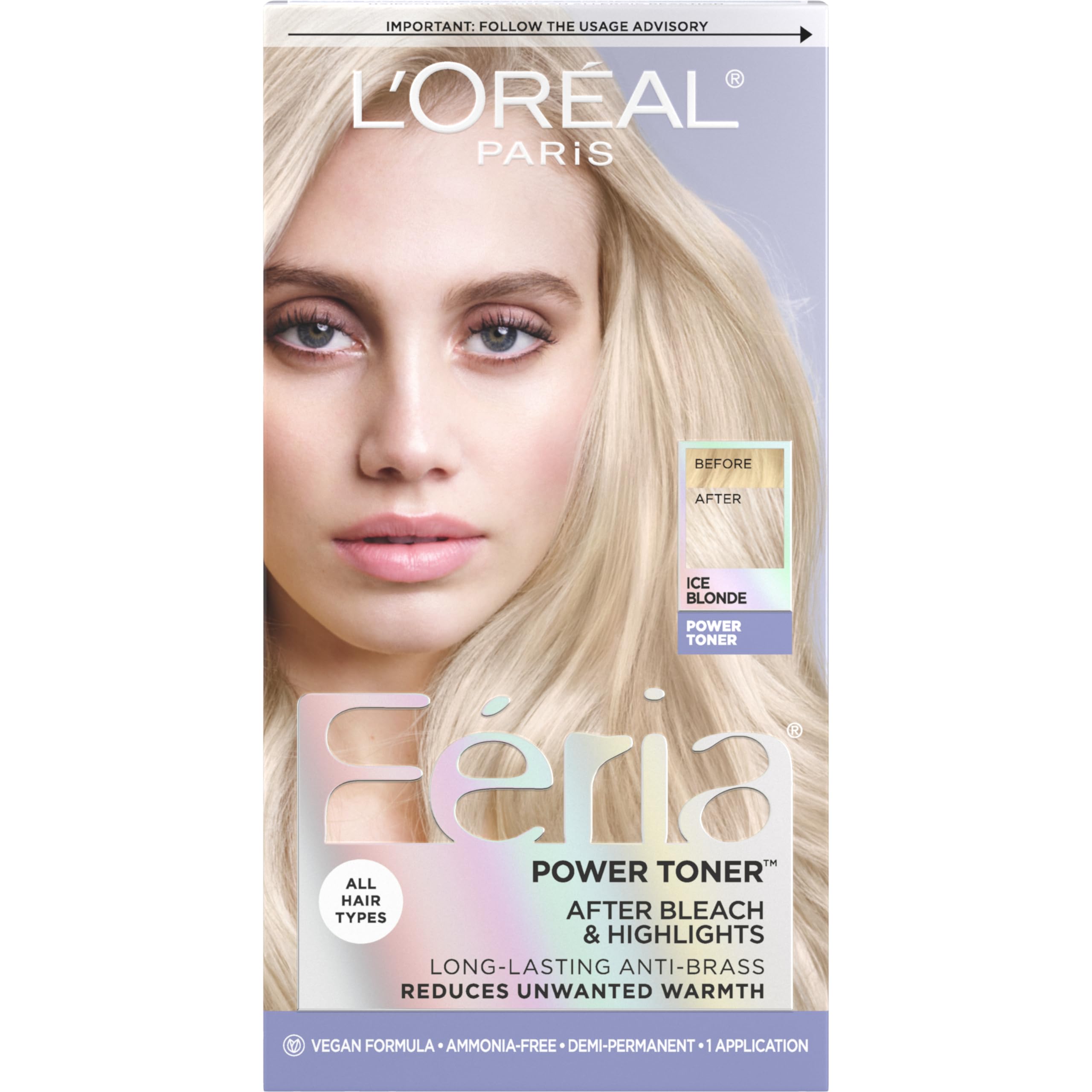 L'Oreal Paris Feria Ice Blonde toner bottle demonstrates anti-brass formula for cool, salon-fresh results.