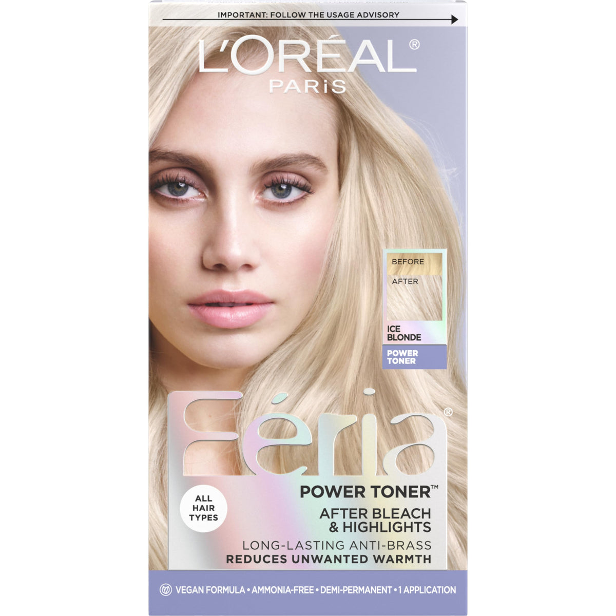 L'Oreal Paris Feria Ice Blonde toner bottle demonstrates anti-brass formula for cool, salon-fresh results.
