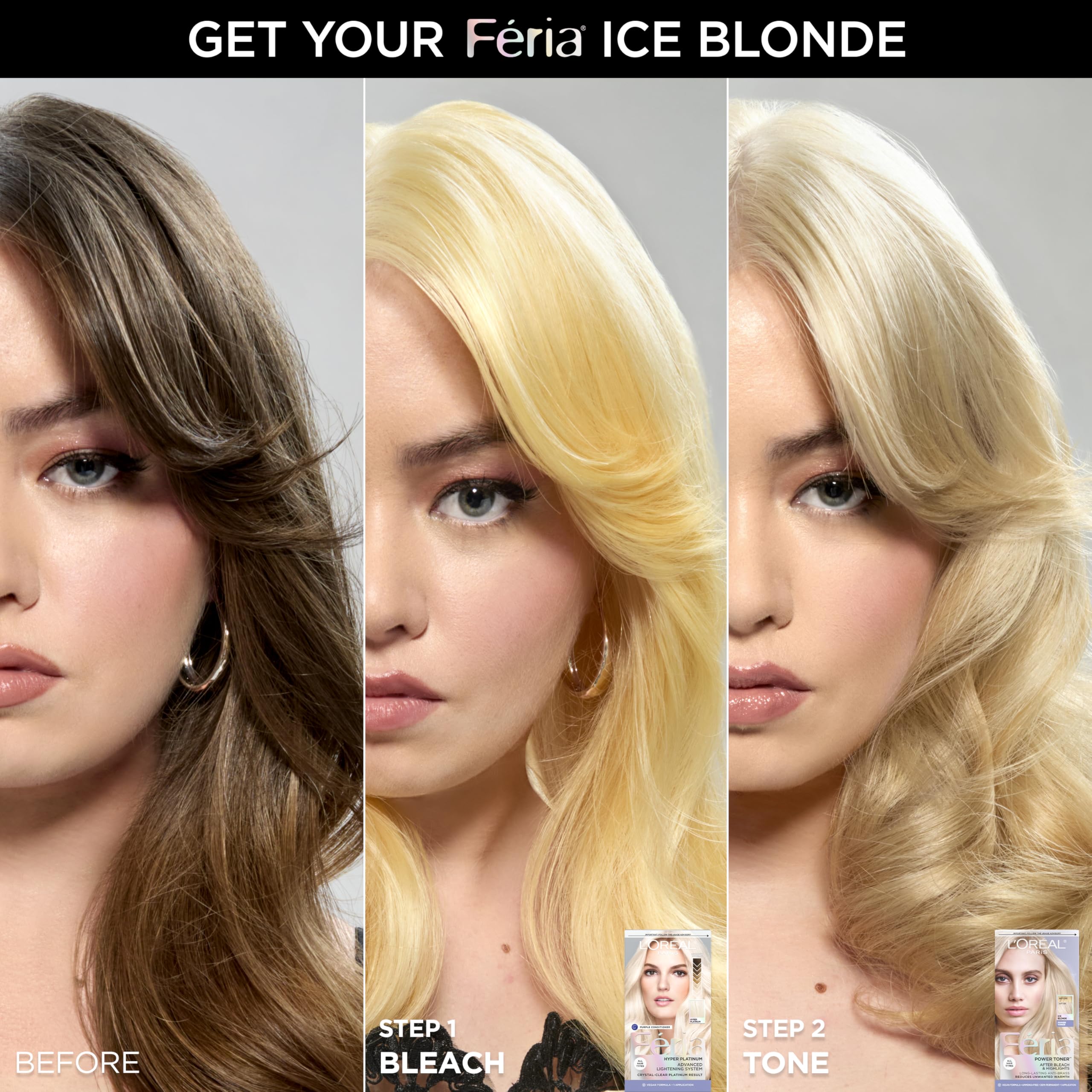 In-use photo demonstrates conditioning polymers for softer, shinier blonde hair.