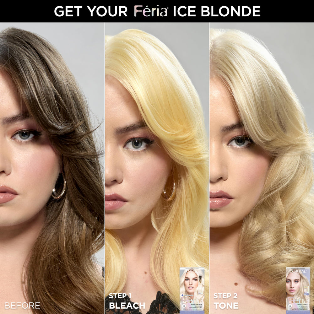 In-use photo demonstrates conditioning polymers for softer, shinier blonde hair.