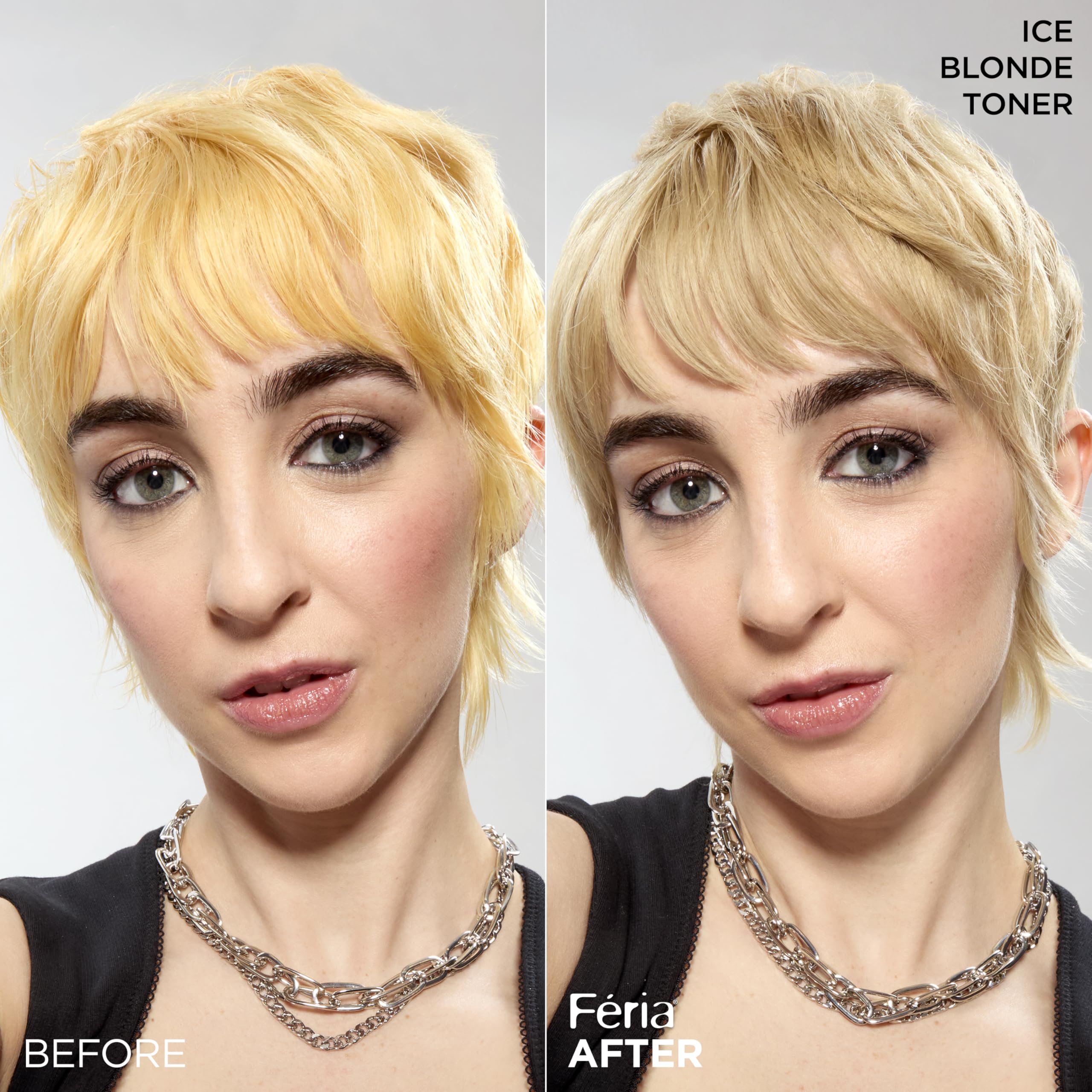 Swatches illustrate cool tonal range and brassy neutralization on lightened hair.
