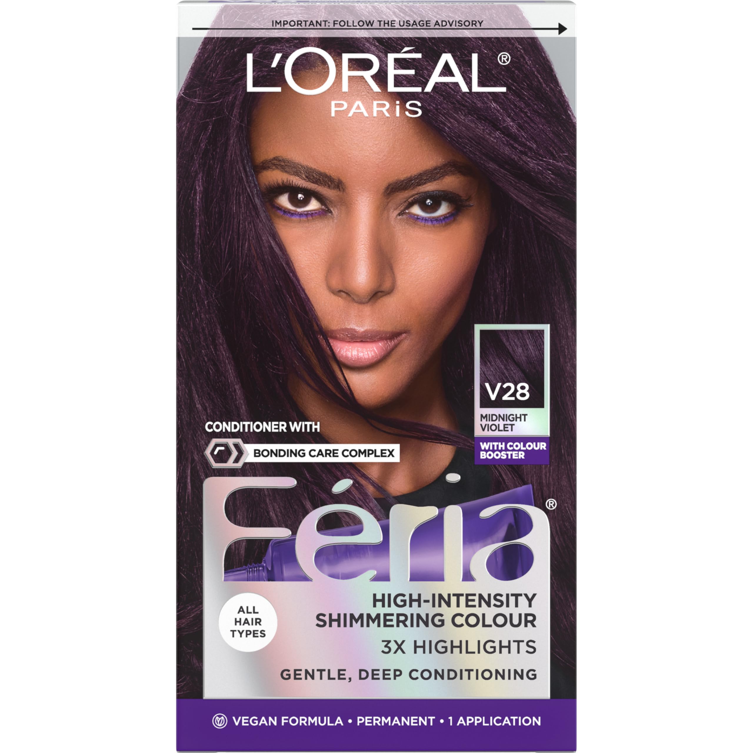L'Oreal Paris Feria Midnight Violet bottle pour showing vibrant color result