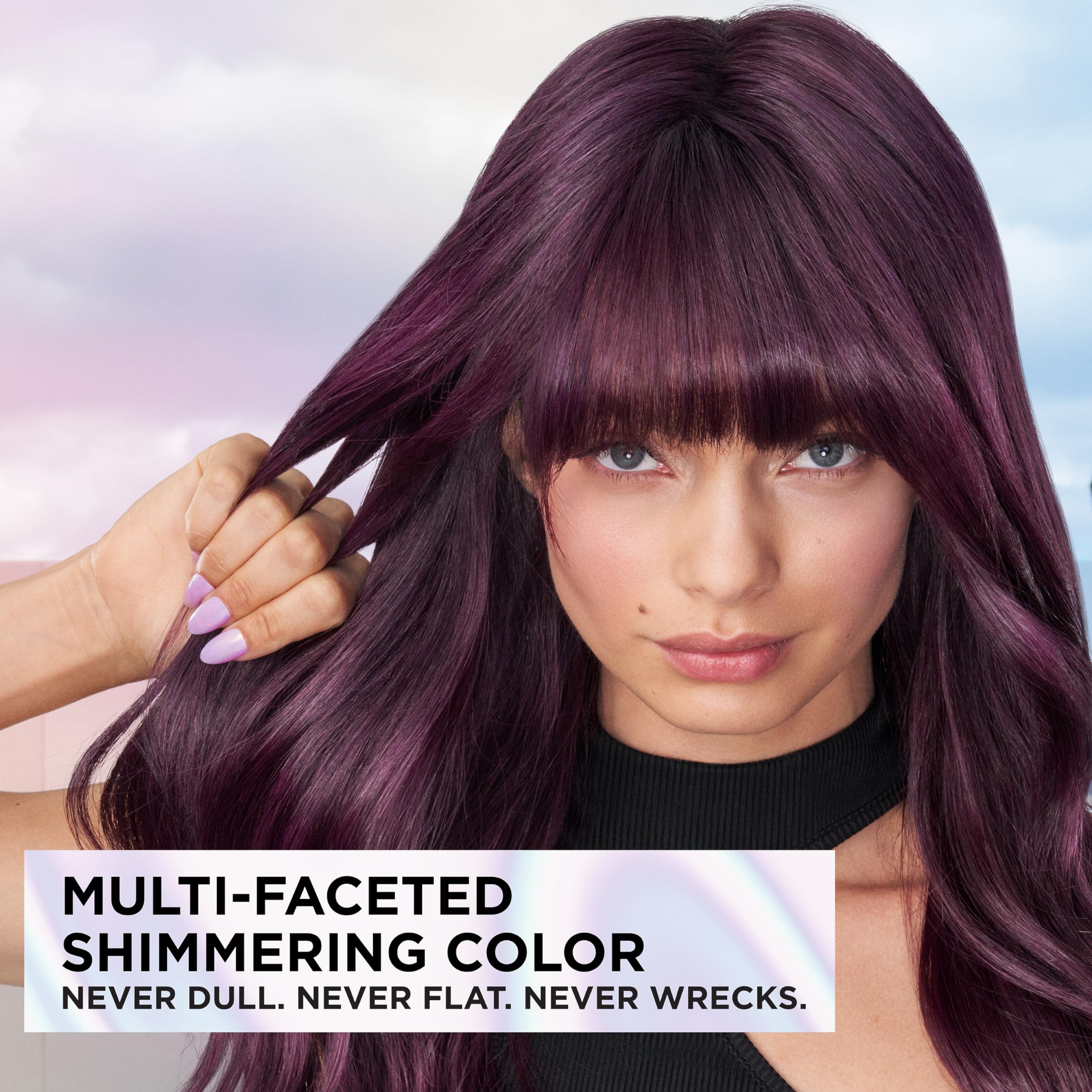 Gray-cover demonstration of Feria Midnight Violet shade completion