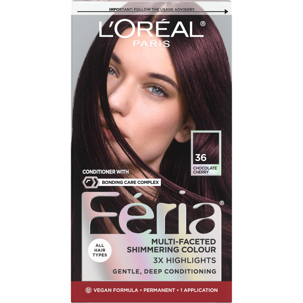 L'Oreal Paris Feria shimmering color swatch shows Chocolate Cherry deep burgundy brown for at-home bold color