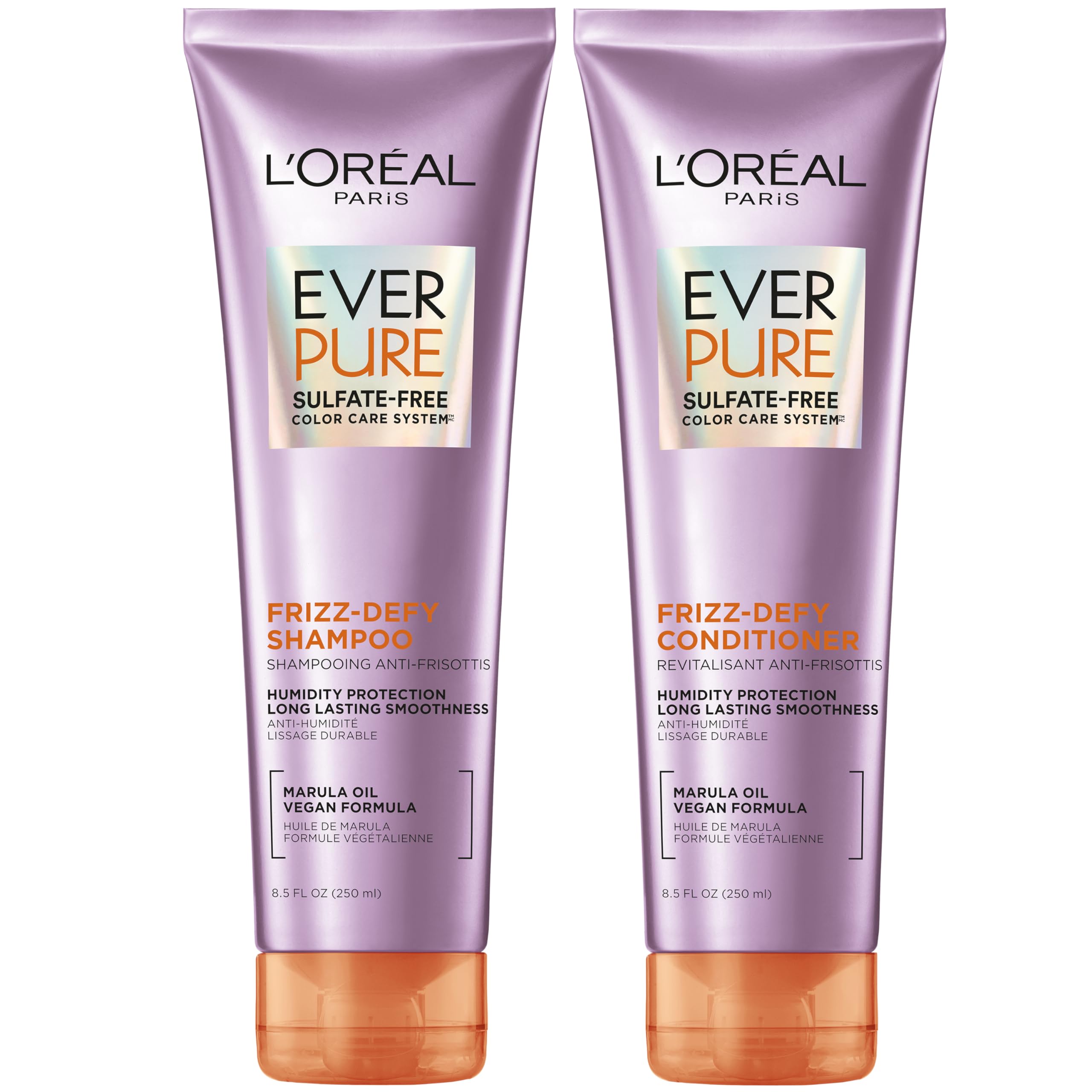 L'Oreal Paris Frizz Defy shampoo bottle shows color protection and humidity resistance.