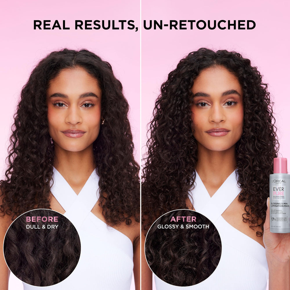 L'Oreal Paris glossing mask paired with shampoo and conditioner showing complete system benefit