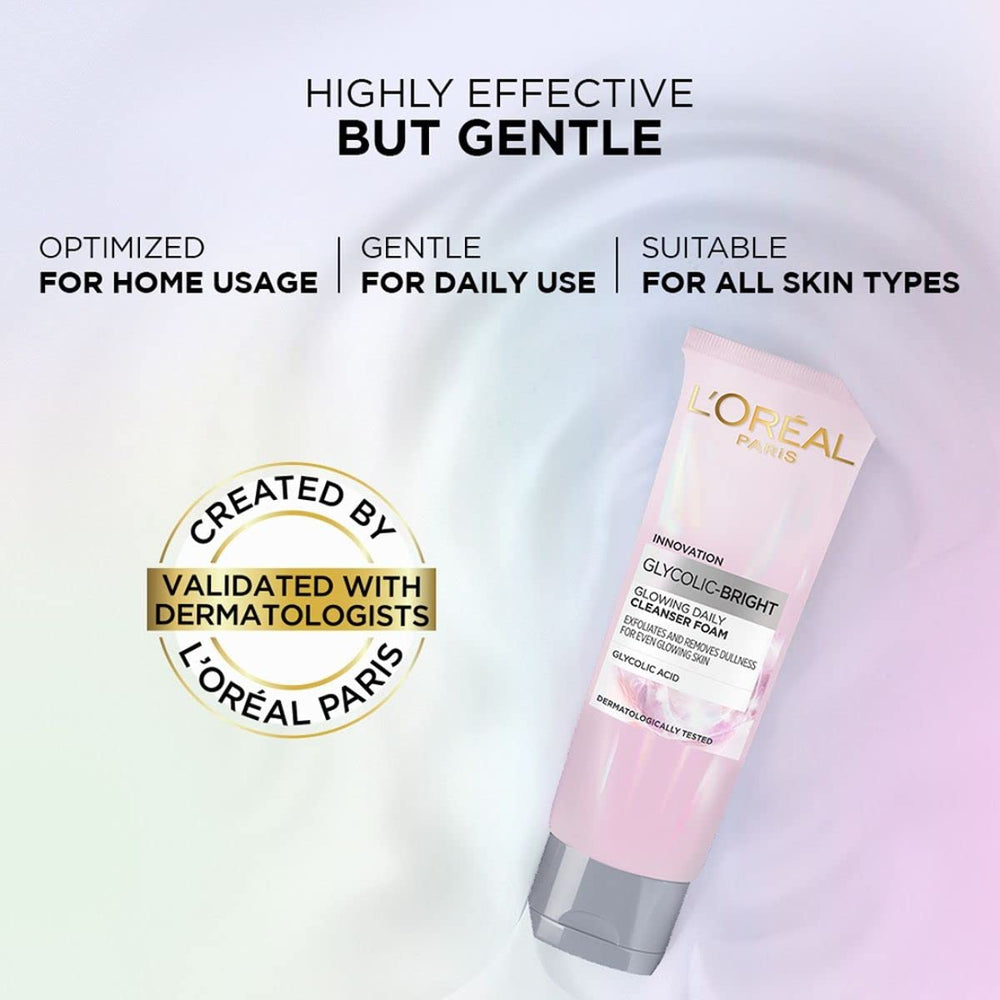 L'Oreal Paris Glycolic Bright product being pumped for gentle cleansing suitable for all skin types