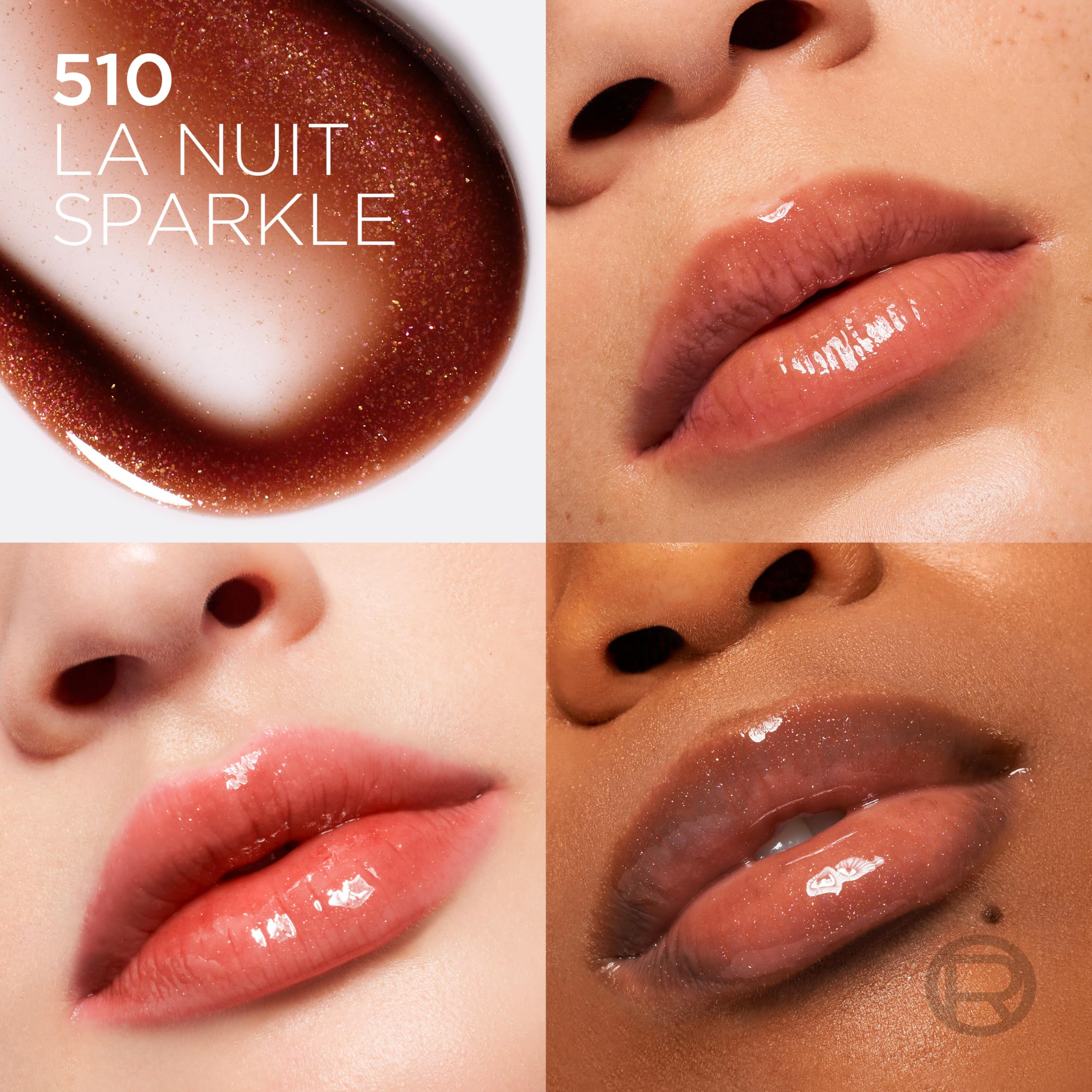 L'Oreal Paris Hyaluron Lip Oil swatch shows radiant shine and hydration.