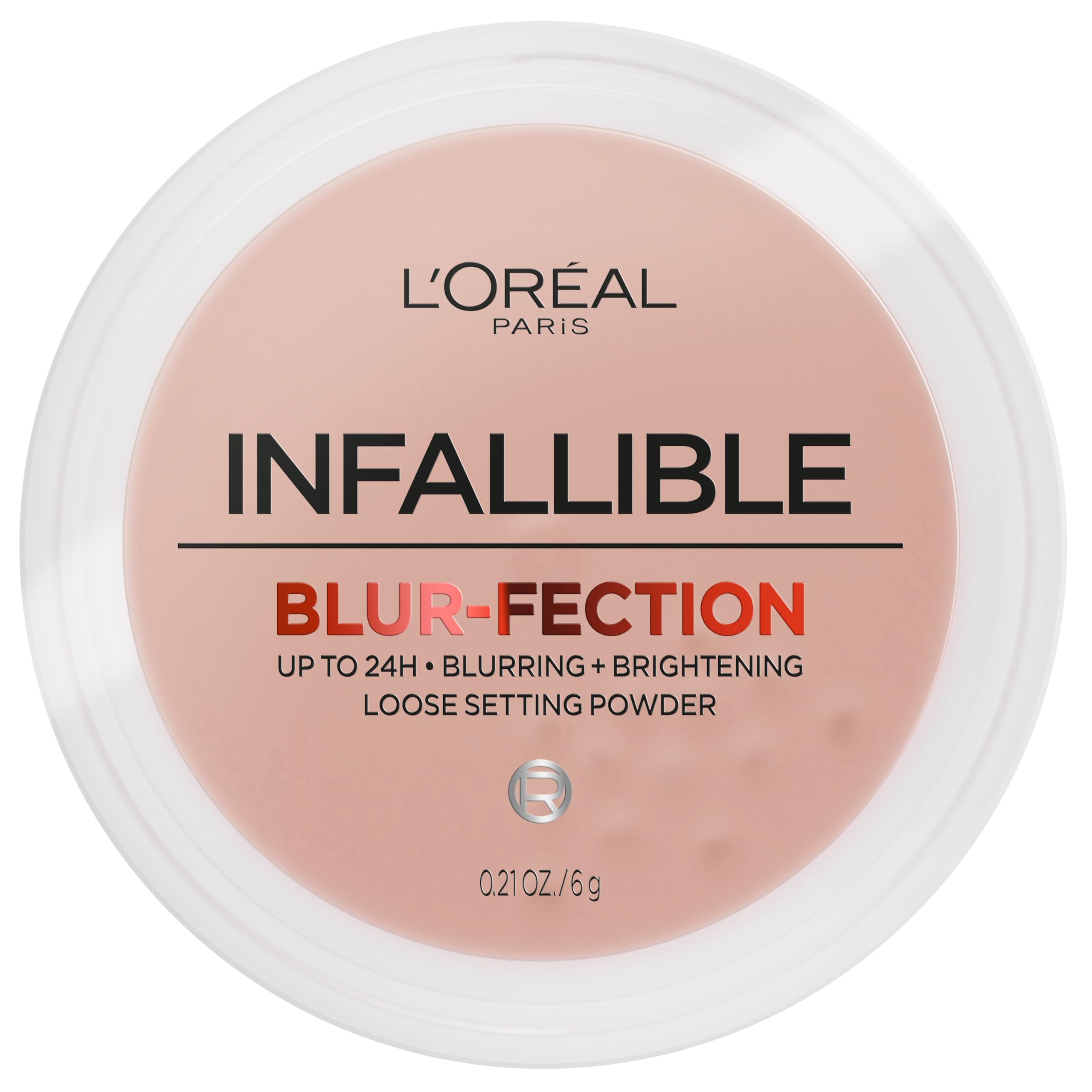 L'Oreal Paris Infallible Blur-fection powder jar closeup shows soft blur and shine control.
