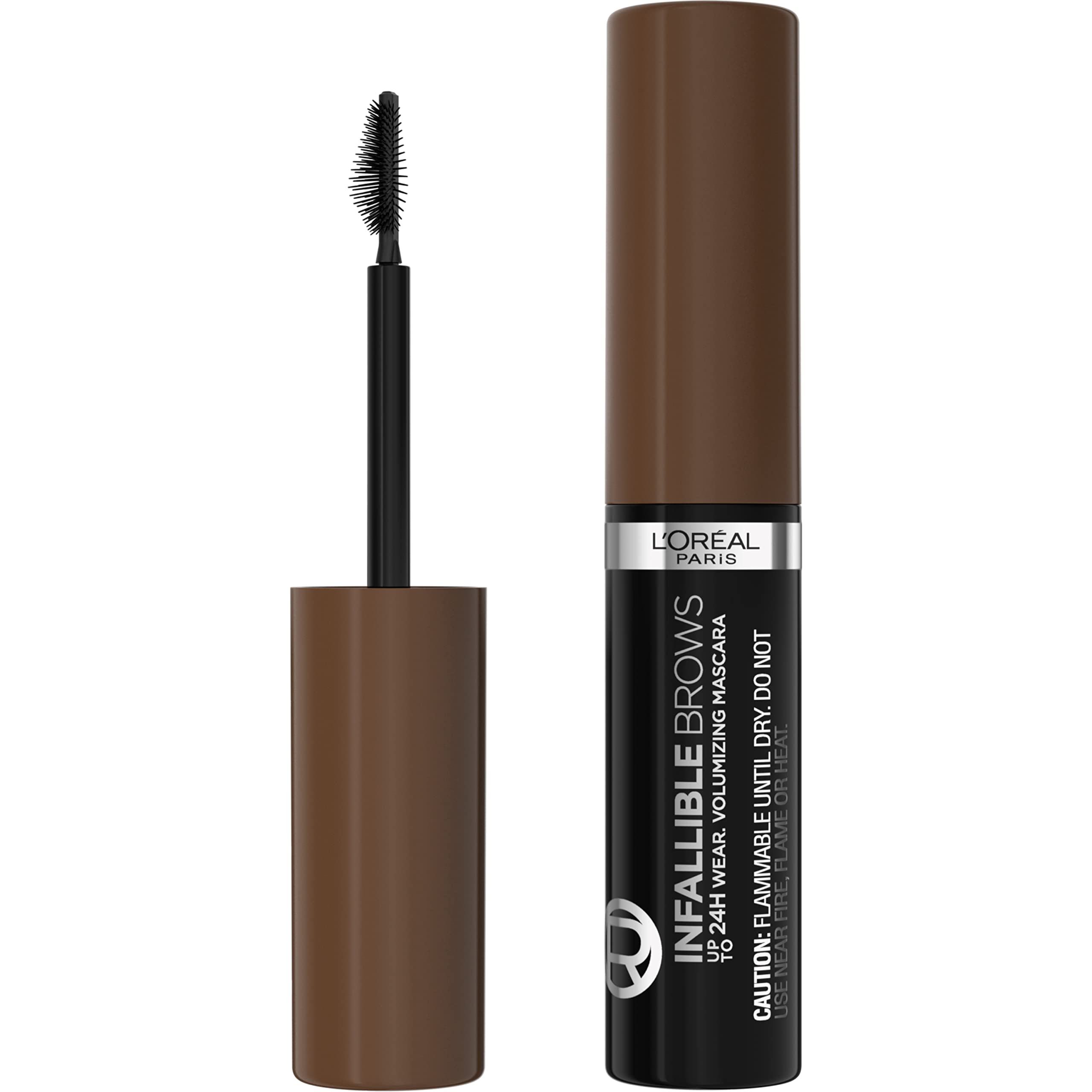 L'Oreal Paris Infallible Brow Mascara tube close-up shows smudge-resistant formula